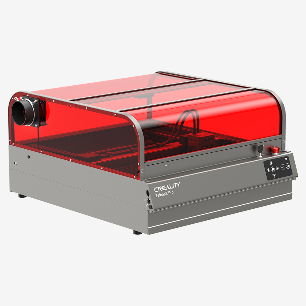 The Falcon2 Pro 60W Enclosed Laser Cutter and Engraver from CrealityFalcon is displayed with a red protective enclosure. To the left are two additional components: a free Creality laser rotary roller and a detachable laser module with an adjustable beam. A green "NEW" label is showcased in the top right corner. The Falcon2 Pro 60W Enclosed Laser Cutter and Engraver from CrealityFalcon is displayed with a red protective enclosure. To the left are two additional components: a free Creality laser rotary roller and a detachable laser module with an adjustable beam. A green "NEW" label is showcased in the top right corner.