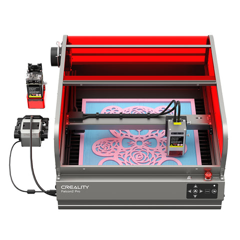 The CrealityFalcon Falcon2 Pro 22W/40W Enclosed Laser Engraver and Cutter is actively printing a detailed design. The machine has a red protective enclosure, a control panel at the front, and a power supply box connected to the left side, ensuring precise positioning and FDA Class 1 safety standards. The CrealityFalcon Falcon2 Pro 22W/40W Enclosed Laser Engraver and Cutter is actively printing a detailed design. The machine has a red protective enclosure, a control panel at the front, and a power supply box connected to the left side, ensuring precise positioning and FDA Class 1 safety standards.