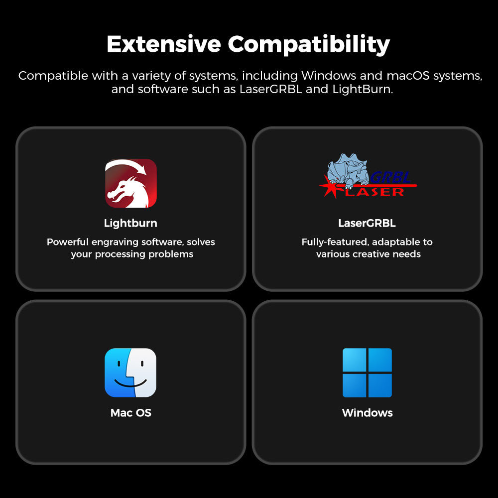An infographic titled "Extensive Compatibility" showcases visually designed icons for Lightburn, LaserGRBL, Mac OS, and Windows. It emphasizes the compatibility of engraving software like Lightburn and LaserGRBL with both Windows and macOS systems, highlighting the versatility of the Falcon2 Pro 22W/40W Enclosed Laser Engraver and Cutter by CrealityFalcon. An infographic titled "Extensive Compatibility" showcases visually designed icons for Lightburn, LaserGRBL, Mac OS, and Windows. It emphasizes the compatibility of engraving software like Lightburn and LaserGRBL with both Windows and macOS systems, highlighting the versatility of the Falcon2 Pro 22W/40W Enclosed Laser Engraver and Cutter by CrealityFalcon.
