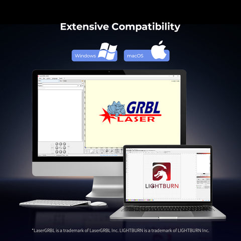 Image displaying a desktop computer and a laptop, each running laser engraving software. The desktop screen features "GRBL Laser" while the laptop displays "LightBurn." Above them, the text reads "Extensive Compatibility," accompanied by Windows and macOS logos. Showcasing the ultra-fast cutting speed for efficient projects with the Falcon2 40W Laser Engraver and Cutter from CrealityFalcon.
 Image displaying a desktop computer and a laptop, each running laser engraving software. The desktop screen features "GRBL Laser" while the laptop displays "LightBurn." Above them, the text reads "Extensive Compatibility," accompanied by Windows and macOS logos. Showcasing the ultra-fast cutting speed for efficient projects with the Falcon2 40W Laser Engraver and Cutter from CrealityFalcon.