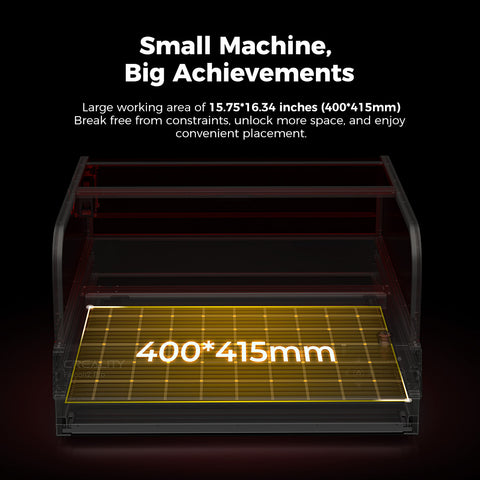 Image showing the CrealityFalcon Falcon2 Pro 22W/40W Enclosed Laser Engraver and Cutter with a highlighted yellow grid area measuring 400x415mm. The text reads, "Small Machine, Big Achievements. Large working area of 15.75*16.34 inches (400*415mm). Break free from constraints with smart visual design, unlock more space, and enjoy convenient placement. Image showing the CrealityFalcon Falcon2 Pro 22W/40W Enclosed Laser Engraver and Cutter with a highlighted yellow grid area measuring 400x415mm. The text reads, "Small Machine, Big Achievements. Large working area of 15.75*16.34 inches (400*415mm). Break free from constraints with smart visual design, unlock more space, and enjoy convenient placement.