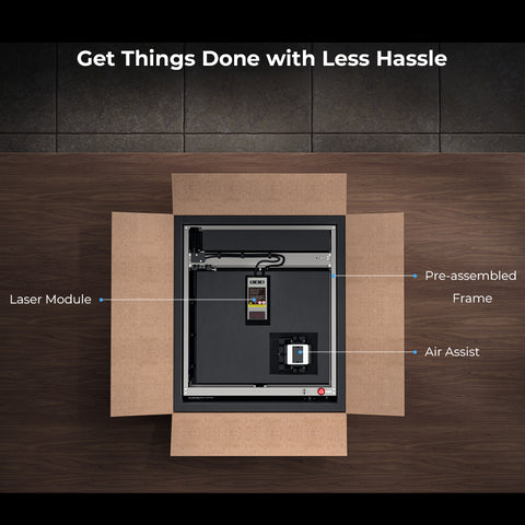 A top-down view of an open cardboard box on a wooden surface containing components of the CrealityFalcon Falcon2 40W Laser Engraver and Cutter with labels pointing to the powerful 40W laser module, pre-assembled frame, and air assist. The text "Get Things Done with Less Hassle" is displayed at the top. A top-down view of an open cardboard box on a wooden surface containing components of the CrealityFalcon Falcon2 40W Laser Engraver and Cutter with labels pointing to the powerful 40W laser module, pre-assembled frame, and air assist. The text "Get Things Done with Less Hassle" is displayed at the top.