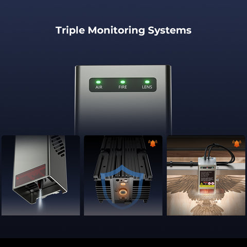 The CrealityFalcon Falcon2 40W Laser Engraver and Cutter is shown with three green indicator lights labeled "AIR," "FIRE," and "LENS." Below it are images demonstrating its ultra-fine carving and cutting systems: an air system, a fire detection system, and a lens system monitoring the powerful 40W laser as it engraves wood at a cutting speed of 25000mm/min. The CrealityFalcon Falcon2 40W Laser Engraver and Cutter is shown with three green indicator lights labeled "AIR," "FIRE," and "LENS." Below it are images demonstrating its ultra-fine carving and cutting systems: an air system, a fire detection system, and a lens system monitoring the powerful 40W laser as it engraves wood at a cutting speed of 25000mm/min.