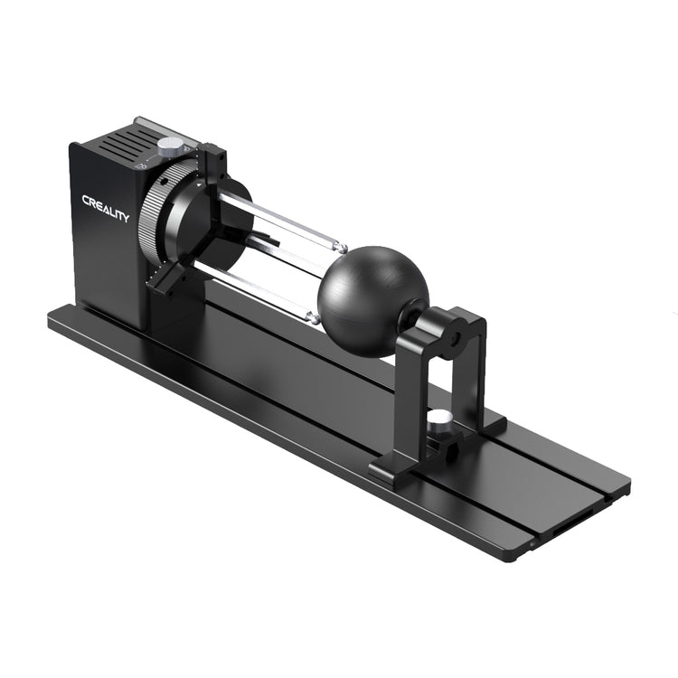 A black Rotary Kit Pro for Curved Surface Engraving with a sleek design, featuring a rotating mechanism and ball fixture mounted on a flat base. The device boasts the brand name "CrealityFalcon" on one side and is designed for high precision engraving on cylindrical objects, with multifunctional adjustable jaws for versatility.