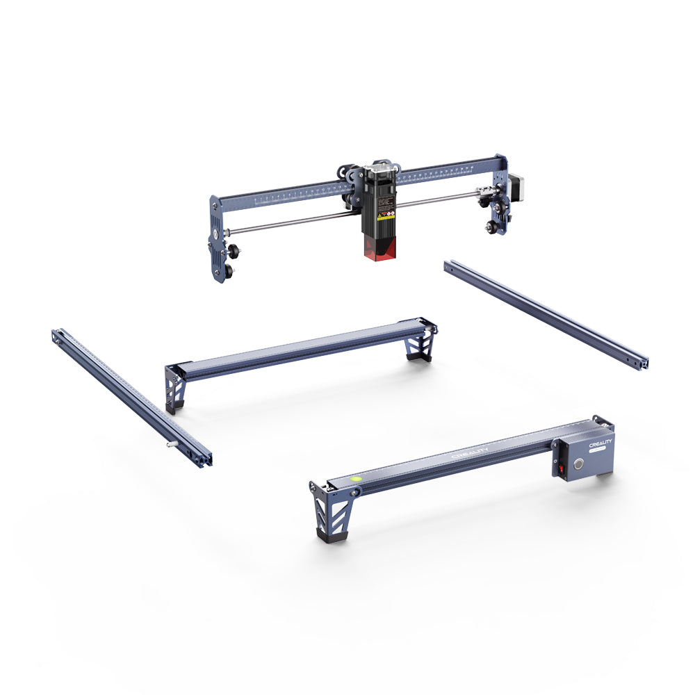 An image of the CR-Laser Falcon 7.5W Laser Engraver, featuring its disassembled components: a long, horizontal laser module in the upper section, a rectangular base structure and rail supports below. Components are metallic with electronic elements visible, akin to those in CrealityFalcon devices.