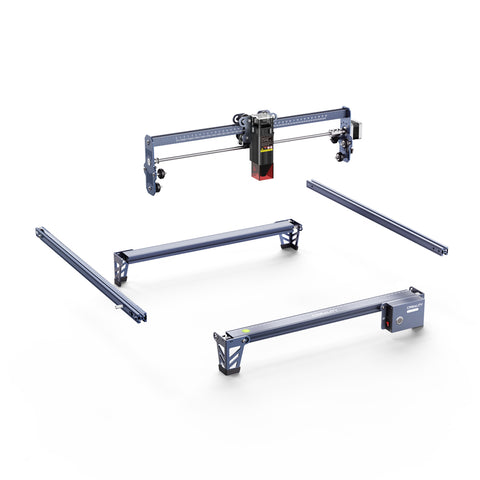 An image of the CR-Laser Falcon 7.5W Laser Engraver, featuring its disassembled components: a long, horizontal laser module in the upper section, a rectangular base structure and rail supports below. Components are metallic with electronic elements visible, akin to those in CrealityFalcon devices.