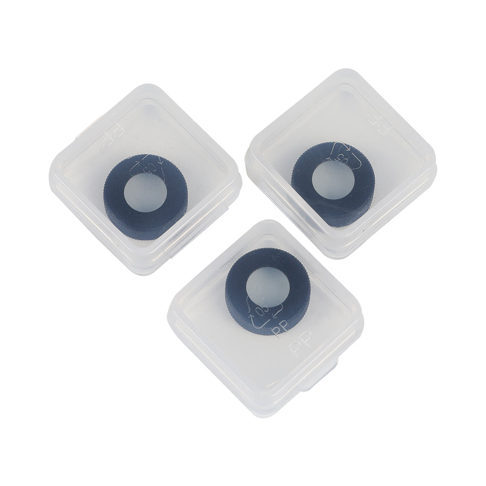 Three clear plastic square containers, each holding a CR-Laser Falcon Replace Protective Lens by CrealityFalcon, are arranged in a triangular pattern. These lenses utilize 5W CR-Laser technology for optimal performance.