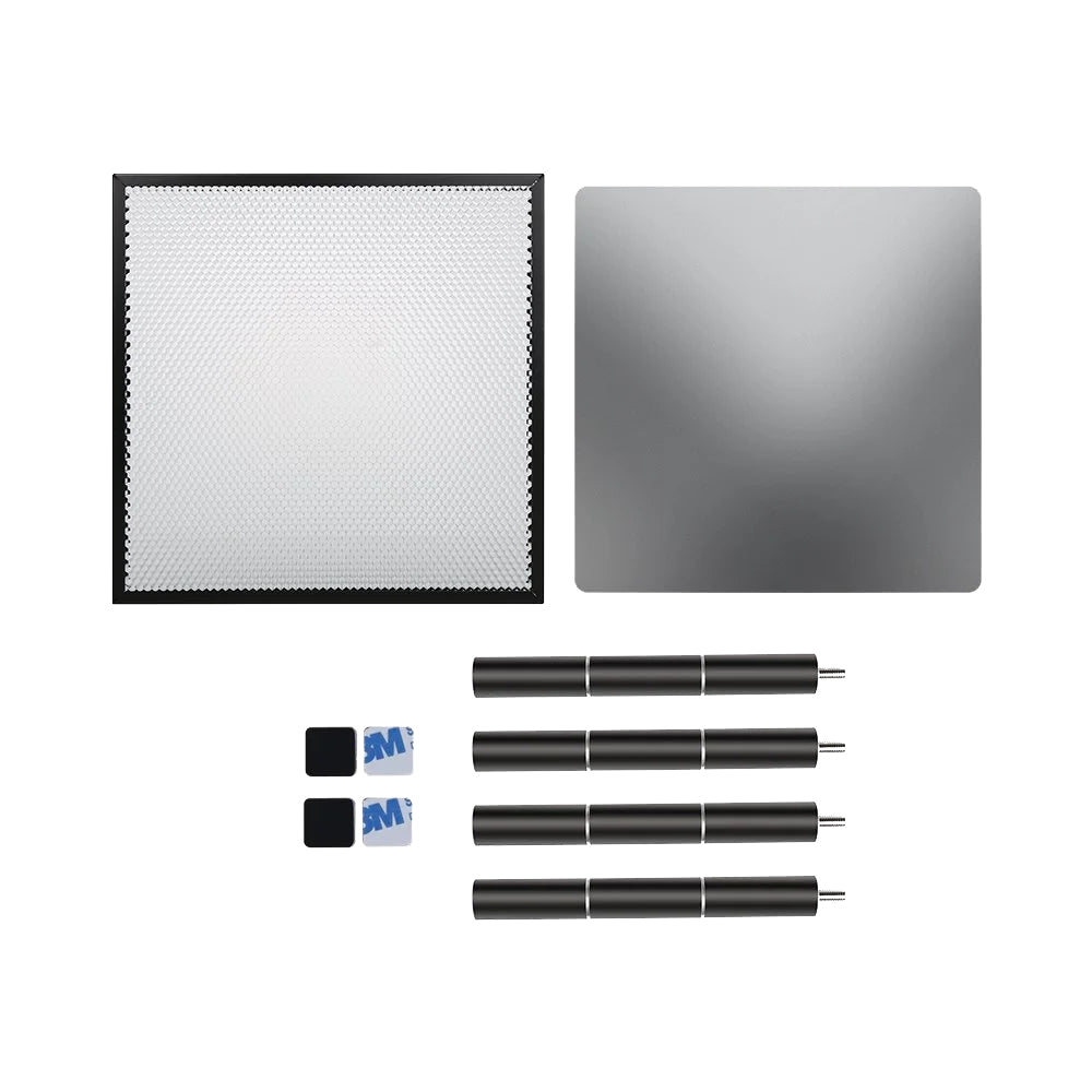 Image showing components typical of the Cutter Accessory Kit for Falcon 10W/7.5W/5W Engraver by CrealityFalcon: a white square diffuser, a gray rectangular reflector, four black cylindrical rods with support bars, two small black mounting clips with adhesive pads, and optional laser damage protection for use with various engravers.