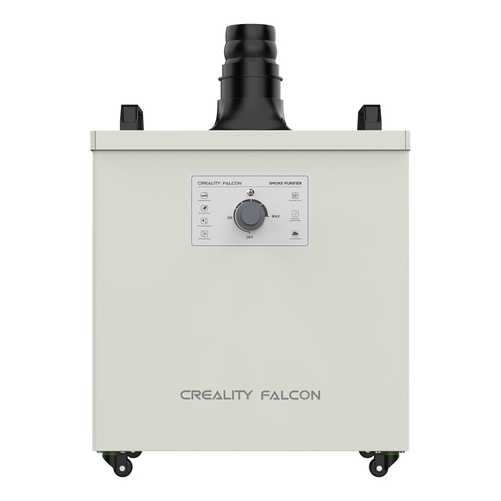 Front view of a CrealityFalcon Smoke Purifier. The device is rectangular, with a control panel in the center above the CrealityFalcon logo. Featuring an efficient activated carbon filter, the top has a black exhaust outlet, and it includes small wheels at the bottom for mobility.