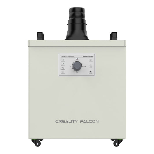 Front view of a CrealityFalcon Smoke Purifier. The device is rectangular, with a control panel in the center above the CrealityFalcon logo. Featuring an efficient activated carbon filter, the top has a black exhaust outlet, and it includes small wheels at the bottom for mobility. 1000