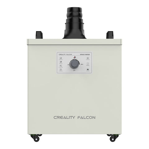 Front view of a CrealityFalcon Smoke Purifier. The device is rectangular, with a control panel in the center above the CrealityFalcon logo. Featuring an efficient activated carbon filter, the top has a black exhaust outlet, and it includes small wheels at the bottom for mobility.