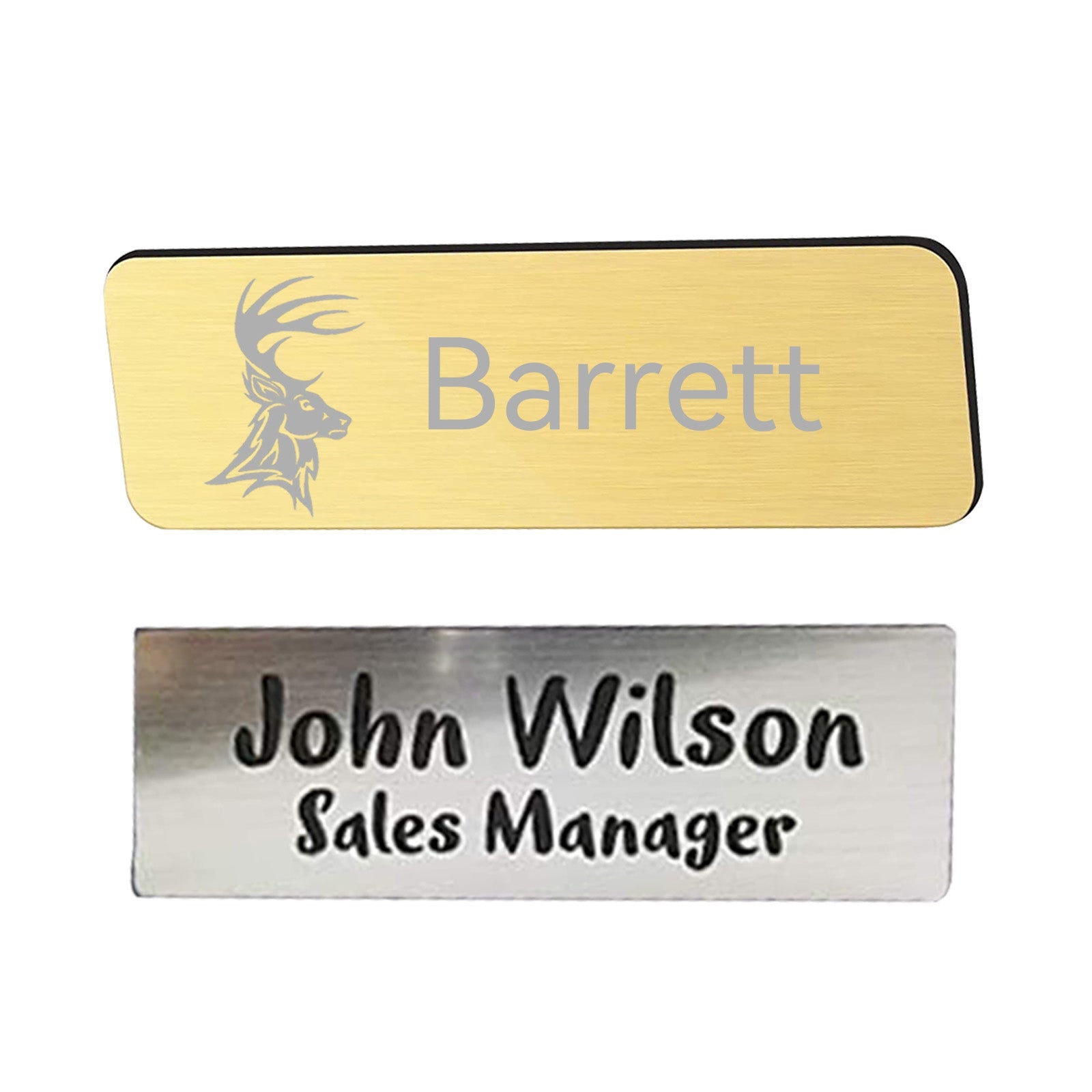 Two rectangular name badges are pictured, showcasing laser engraving ideas using CrealityFalcon's Titanium Steel Blank Stamping Tags for Engraving. The top badge is gold with a stag logo and the name "Barrett" engraved. The bottom badge is silver, created using a laser engraver for metal, featuring the name "John Wilson" and the title "Sales Manager" printed in black text.