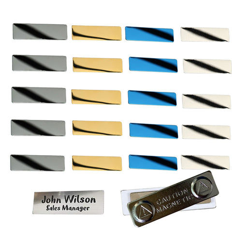 Two rectangular name badges are pictured, showcasing laser engraving ideas using CrealityFalcon's Titanium Steel Blank Stamping Tags for Engraving. The top badge is gold with a stag logo and the name "Barrett" engraved. The bottom badge is silver, created using a laser engraver for metal, featuring the name "John Wilson" and the title "Sales Manager" printed in black text.