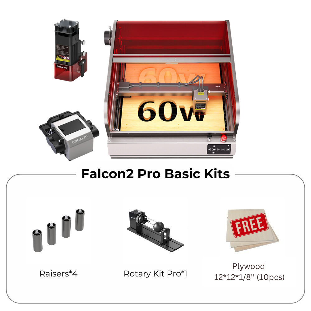 An image showcasing the CrealityFalcon Falcon2 Pro 22W Extension Kits COMBO SALE Laser Cutter with its striking red cover. Below it, the Falcon2 Pro Basic Kits include 4 raisers, a Rotary Kit Pro, and a pack of 10 pieces of plywood (12"x12"x1/8") labeled "FREE.