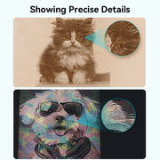 A blue and silver CrealityFalcon CR-Laser Falcon 10W Laser Engraver is shown engraving an image of an eagle with outstretched wings onto a wooden surface, demonstrating its high precision engraving capabilities. The text "10W Creality Falcon" is visible on the wood, next to the engraved eagle.