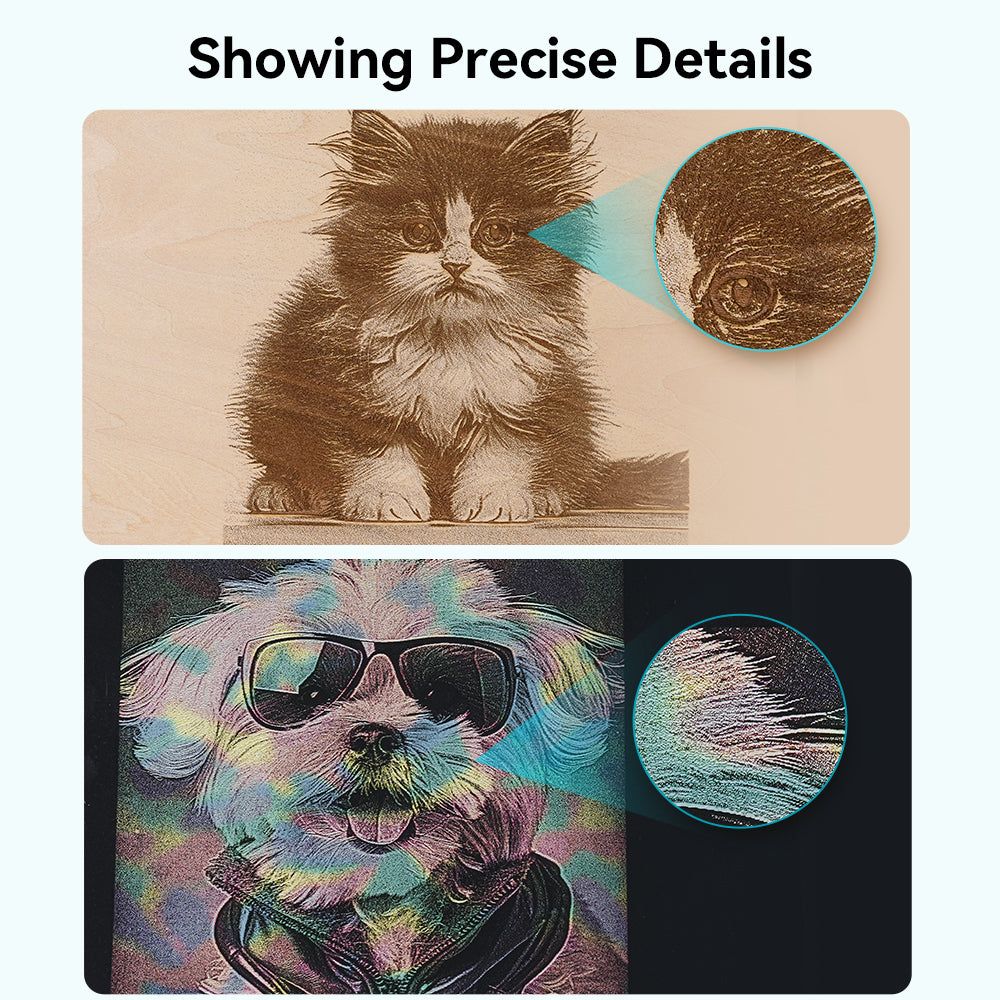 A blue and silver CrealityFalcon CR-Laser Falcon 10W Laser Engraver is shown engraving an image of an eagle with outstretched wings onto a wooden surface, demonstrating its high precision engraving capabilities. The text "10W Creality Falcon" is visible on the wood, next to the engraved eagle.