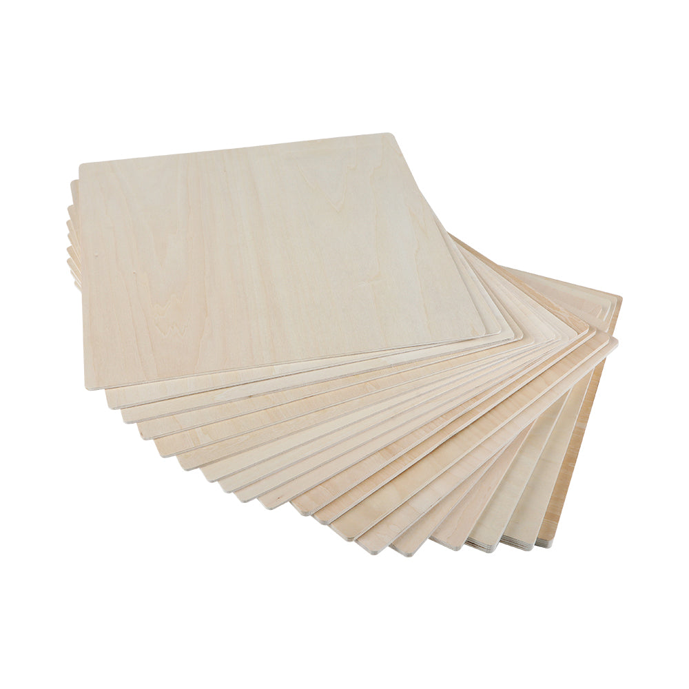 A stack of rectangular wooden boards of various sizes is neatly arranged, with the largest board at the bottom and the smallest on top. The edges appear smooth, and the light natural finish highlights that these are high-quality Falcon Series Basswood Plywood Sheets by CrealityFalcon, ideal for DIY home decoration or laser engraver materials.