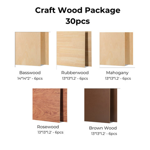 An image titled "Laser woodworking Mega Pack for Falcon Laser Engraving/Cutting Machine" by CrealityFalcon displays five types of wood: Basswood Plywood (14"x14"x2" - 6pcs), Rubberwood (13"x13"x1.2" - 6pcs), Mahogany (13"x13"x1.2" - 6pcs), and Rosewood (13"x13"x1.2" - 6pcs).