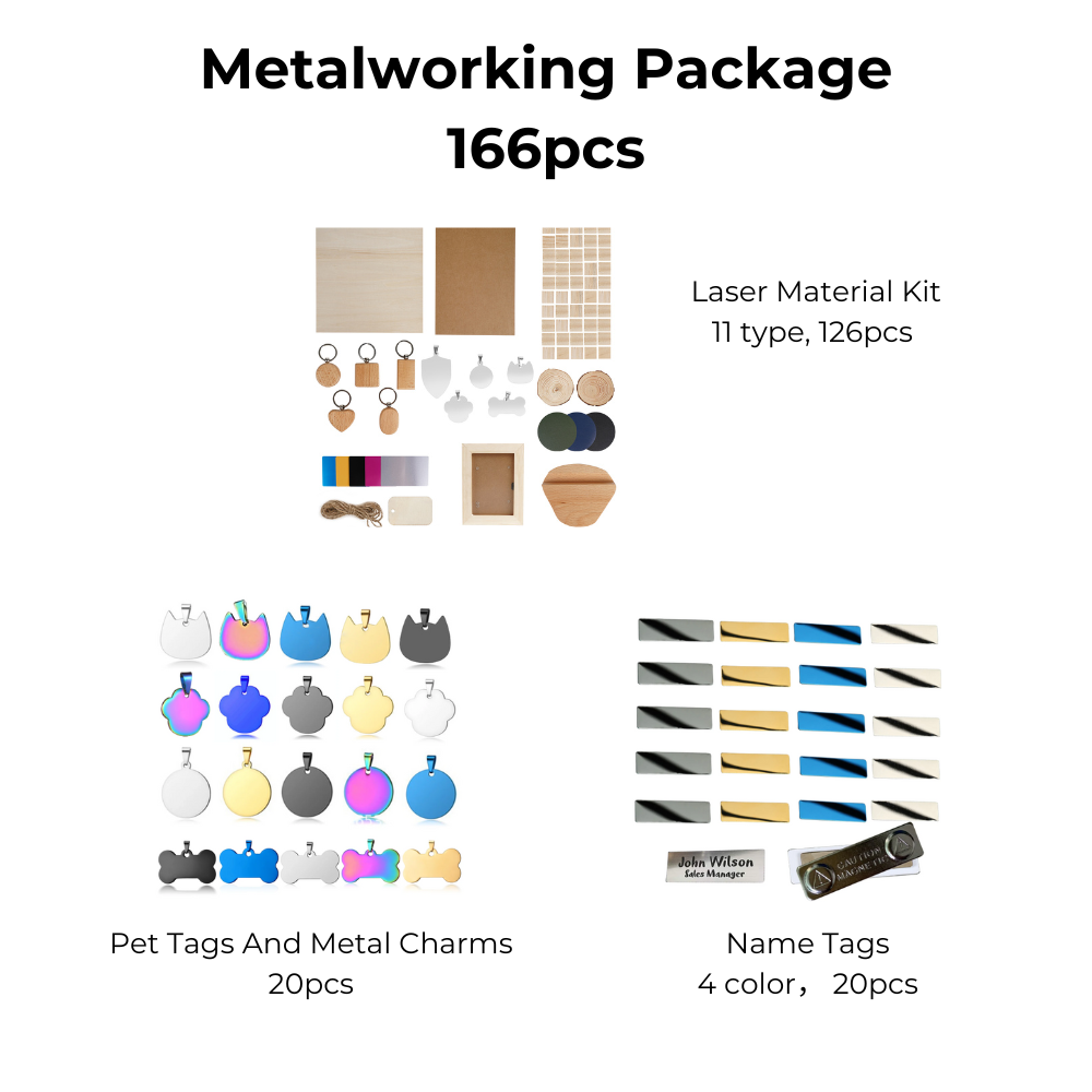 An image titled "Laser Metalworking Package for Laser Engraver and Laser Cutter - 166pcs" by CrealityFalcon showcases three groups of items: a Laser Material Kit (126 pieces), Titanium Steel Pet Tags and Metal Charms (20 pieces), and Name Tags in 4 colors (20 pieces). Each group displays a variety of metallic crafting materials.