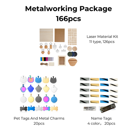 An image titled "Laser Metalworking Package for Laser Engraver and Laser Cutter - 166pcs" by CrealityFalcon showcases three groups of items: a Laser Material Kit (126 pieces), Titanium Steel Pet Tags and Metal Charms (20 pieces), and Name Tags in 4 colors (20 pieces). Each group displays a variety of metallic crafting materials.