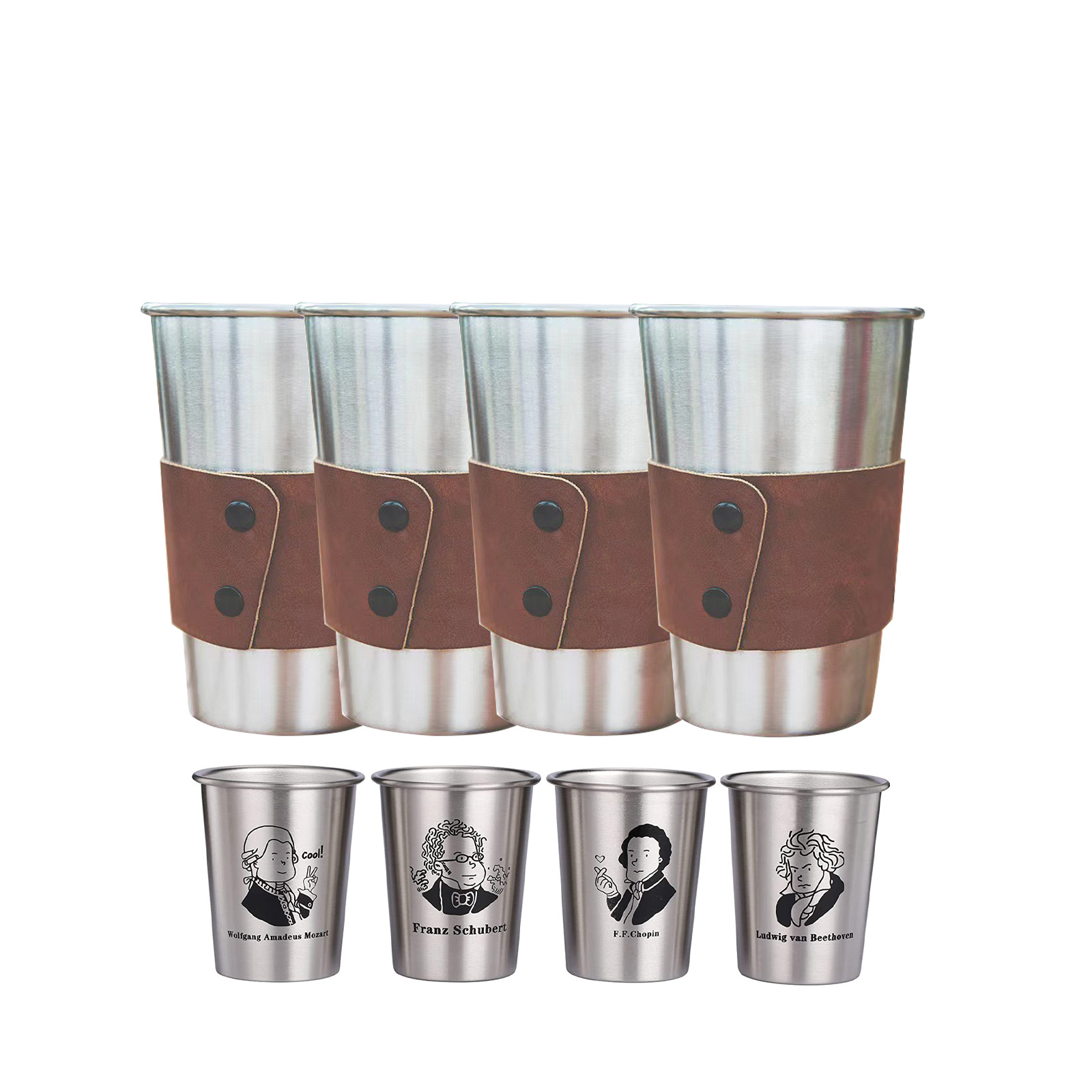 Falcon 4 Packs 500ML Stainless Steel Cup with Leather Cover