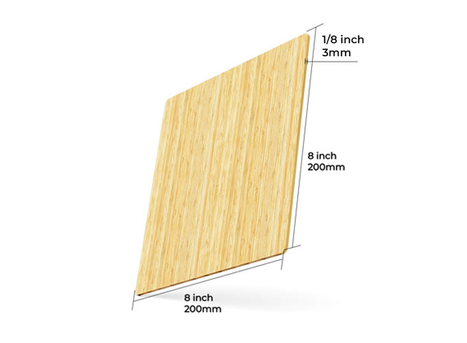 The image features five thin, rectangular Natural Bamboo Sheets from CrealityFalcon, each measuring 8x8x1/8''. These light-colored wood sheets, meticulously crafted for laser engravers and cutters, stand upright in a slightly fanned-out arrangement against a white background.