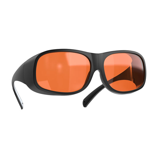 A pair of CrealityFalcon Falcon Laser Safety Glasses_180-534nm, featuring black, wraparound frames with large, rectangular, orange-tinted lenses. The design includes wide arms and a sleek, modern look that provides protection for wavelengths between 180-534nm. Ideal for nearsighted individuals, the glasses are displayed against a white background. 1000