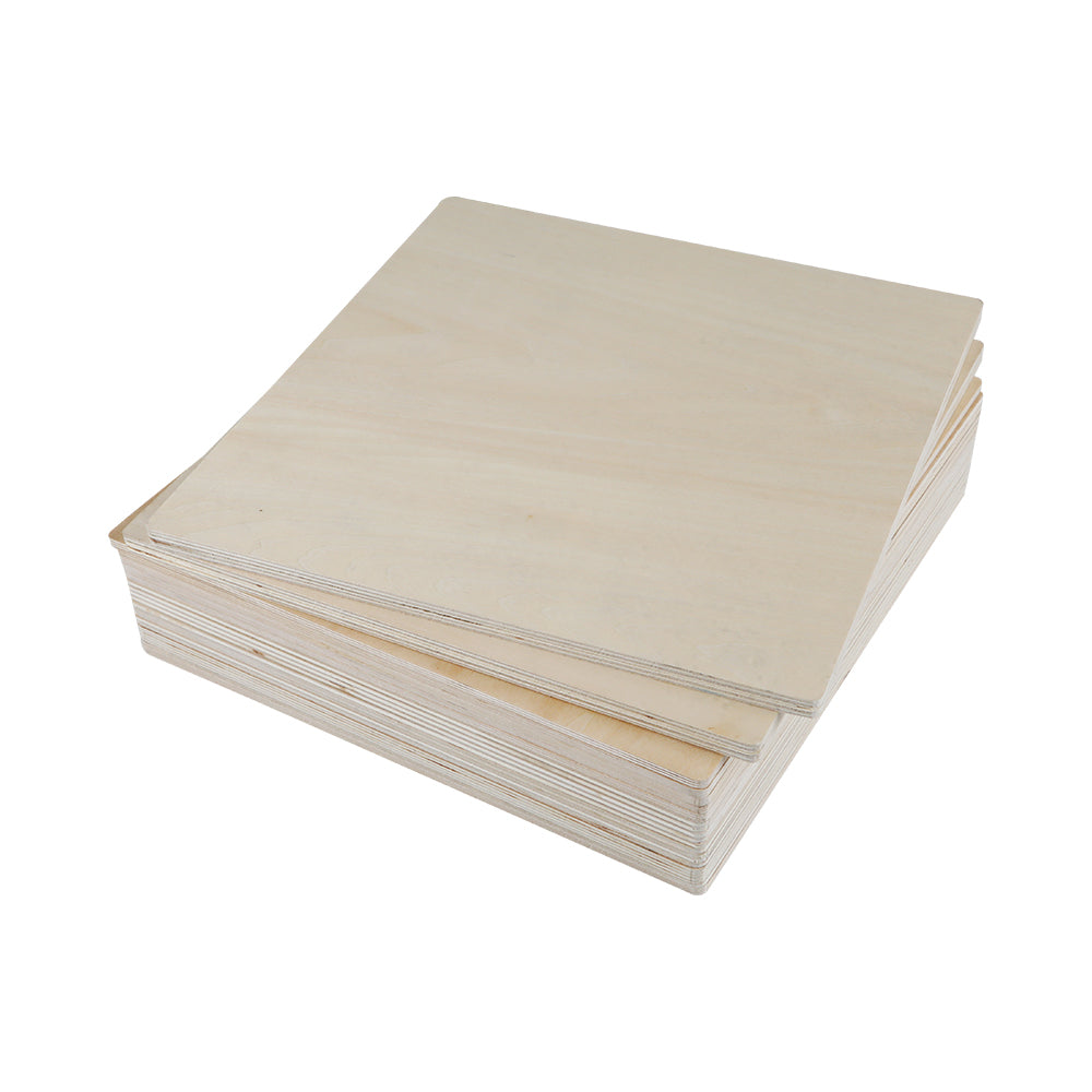 A stack of rectangular wooden boards of various sizes is neatly arranged, with the largest board at the bottom and the smallest on top. The edges appear smooth, and the light natural finish highlights that these are high-quality Falcon Series Basswood Plywood Sheets by CrealityFalcon, ideal for DIY home decoration or laser engraver materials.