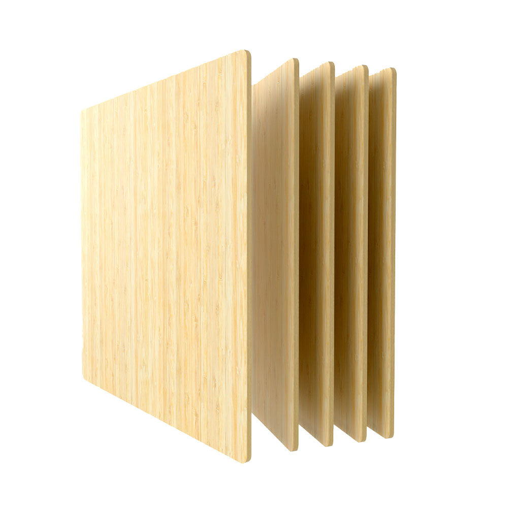 The image features five thin, rectangular Natural Bamboo Sheets from CrealityFalcon, each measuring 8x8x1/8''. These light-colored wood sheets, meticulously crafted for laser engravers and cutters, stand upright in a slightly fanned-out arrangement against a white background.