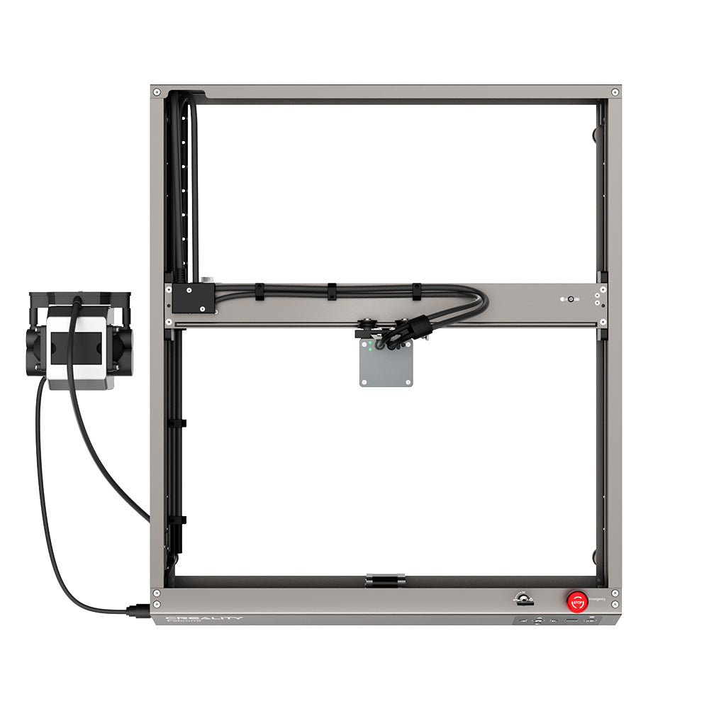 An image of a CrealityFalcon Falcon2 12W Laser Engraver and Cutter with visible wiring and components. The open frame lacks an enclosure, revealing the structure and mechanical parts. A power cable is connected to the left side of the frame, while a red button is located at the bottom right, making it resemble a laser engraver.