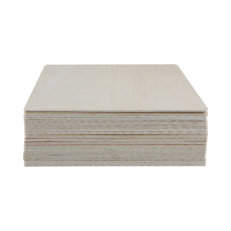 A stack of CrealityFalcon Basswood Plywood Sheets 11.8" x 11.8" for Laser Engraving is arranged in a slightly fanned-out manner. The rectangular panels, with smooth surfaces made of thin, unfinished wood, would be ideal for DIY projects. In this arrangement, the edges of each sheet are clearly visible. Available in packs of 10pcs, 6pcs, and 3pcs.