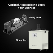 The Falcon2 Pro 60W Enclosed Laser Cutter and Engraver from CrealityFalcon is displayed with a red protective enclosure. To the left are two additional components: a free Creality laser rotary roller and a detachable laser module with an adjustable beam. A green "NEW" label is showcased in the top right corner.