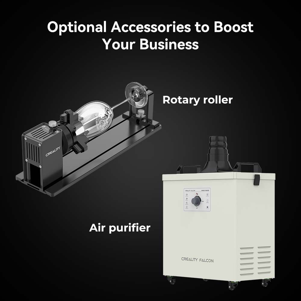 The Falcon2 Pro 60W Enclosed Laser Cutter and Engraver from CrealityFalcon is displayed with a red protective enclosure. To the left are two additional components: a free Creality laser rotary roller and a detachable laser module with an adjustable beam. A green "NEW" label is showcased in the top right corner.