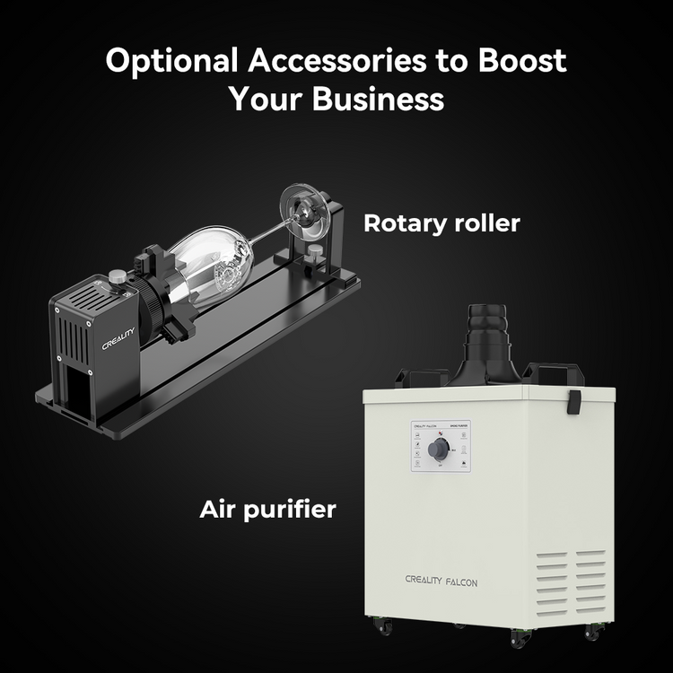 The Falcon2 Pro 60W Enclosed Laser Cutter and Engraver from CrealityFalcon is displayed with a red protective enclosure. To the left are two additional components: a free Creality laser rotary roller and a detachable laser module with an adjustable beam. A green "NEW" label is showcased in the top right corner.