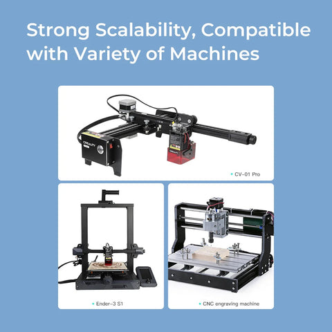 A red and black CrealityFalcon Laser Module, compatible with Ender-3 and other suitable Creality3D printers, featuring a detailed product label on the rear side. The laser module includes specifications such as wavelength and optical power, has multiple vents at the top, and a clamp mechanism on the side. Available in 1.6W/5W/10W power options.