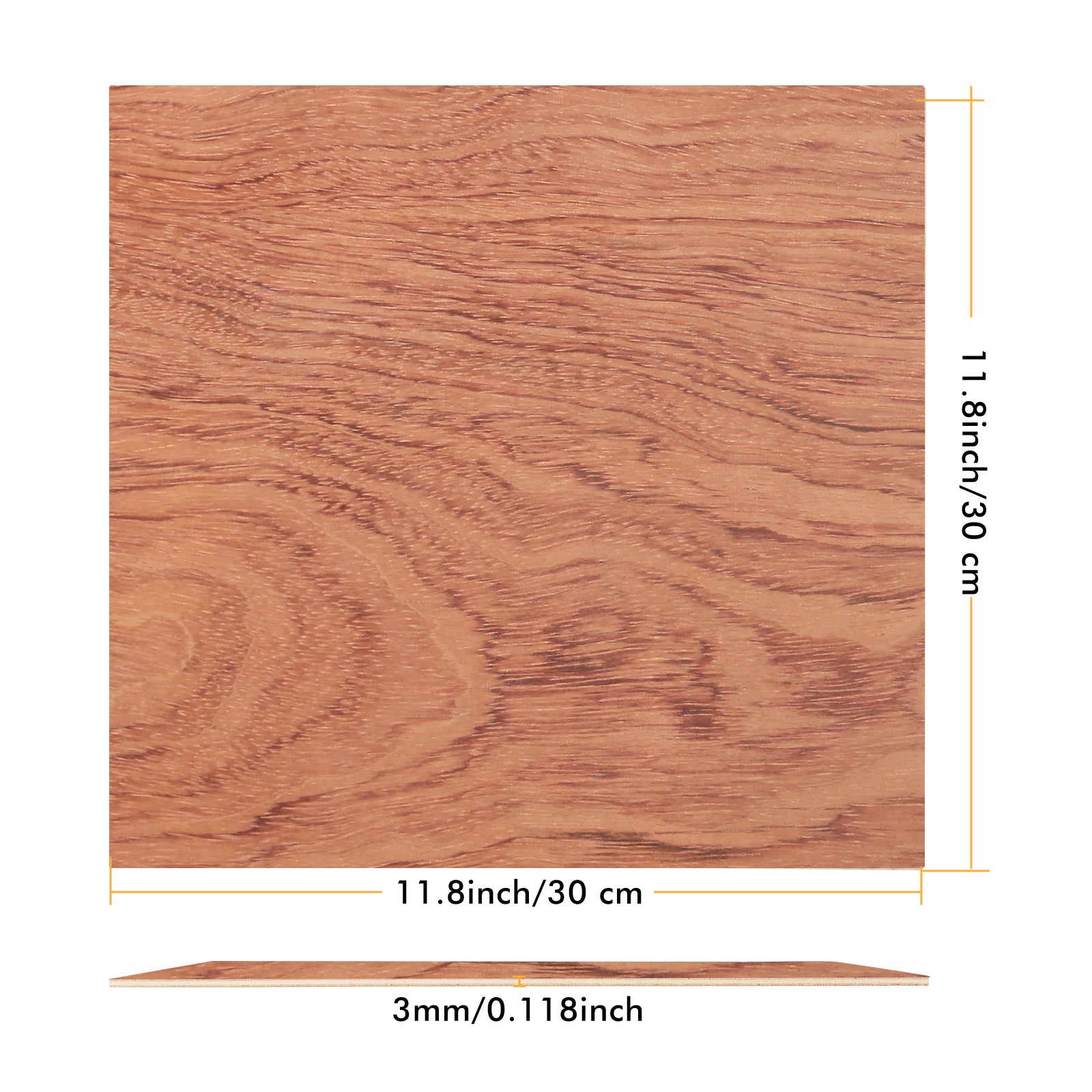 Close-up view of two stacked CrealityFalcon Brazilian Rosewood Plywood panels, measuring 11.8" x 11.8" each, positioned against a white background. The panels exhibit a natural reddish-brown hue with distinct wood grain lines and knots, ideal for showcasing the precision of woodworking laser engraving.