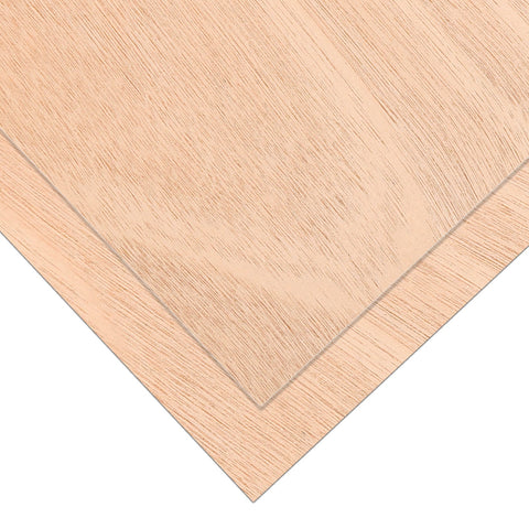 A close-up image of two sheets of CrealityFalcon Mahogany Plywood 1/8" x 11.8" x 11.8", standing upright at an angle. The eco-friendly material has a smooth, light brown surface with visible wood grain patterns, ideal for laser engraving designs.