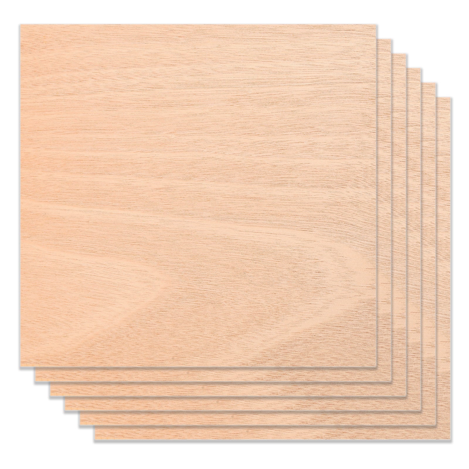 A close-up image of two sheets of CrealityFalcon Mahogany Plywood 1/8" x 11.8" x 11.8", standing upright at an angle. The eco-friendly material has a smooth, light brown surface with visible wood grain patterns, ideal for laser engraving designs.