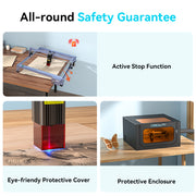 A blue and silver CrealityFalcon CR-Laser Falcon 10W Laser Engraver is shown engraving an image of an eagle with outstretched wings onto a wooden surface, demonstrating its high precision engraving capabilities. The text "10W Creality Falcon" is visible on the wood, next to the engraved eagle.