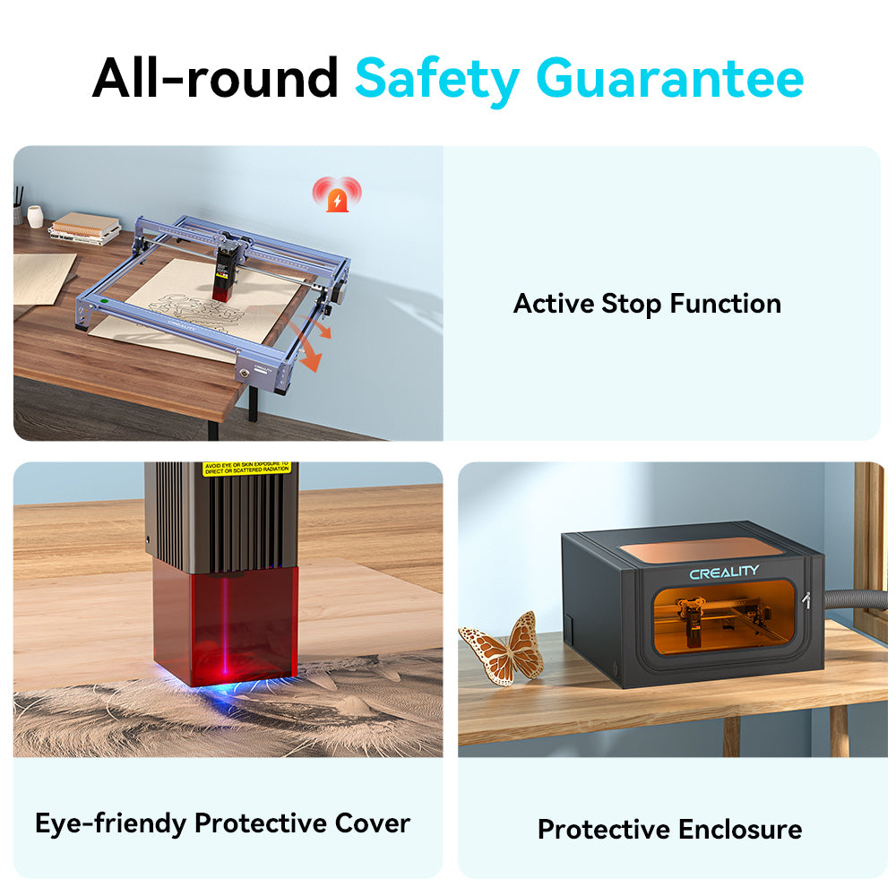 A blue and silver CrealityFalcon CR-Laser Falcon 10W Laser Engraver is shown engraving an image of an eagle with outstretched wings onto a wooden surface, demonstrating its high precision engraving capabilities. The text "10W Creality Falcon" is visible on the wood, next to the engraved eagle.