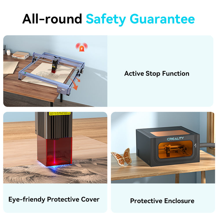 A blue and silver CrealityFalcon CR-Laser Falcon 10W Laser Engraver is shown engraving an image of an eagle with outstretched wings onto a wooden surface, demonstrating its high precision engraving capabilities. The text "10W Creality Falcon" is visible on the wood, next to the engraved eagle.