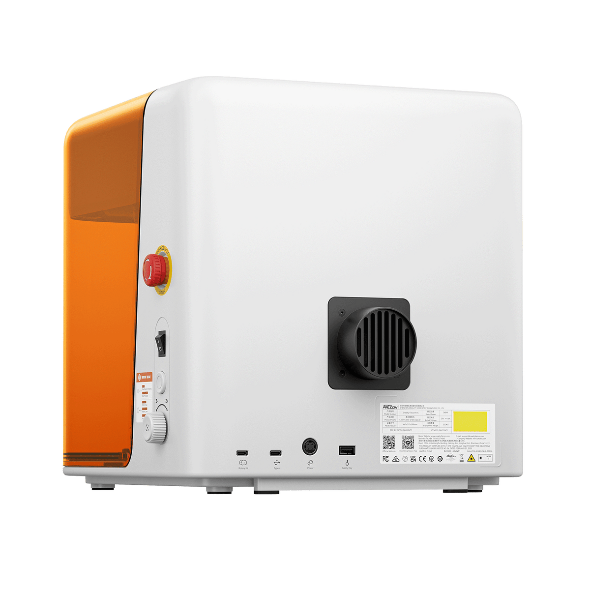 Creality Falcon A1C laser engraver rear view with exhaust outlet and connectivity ports