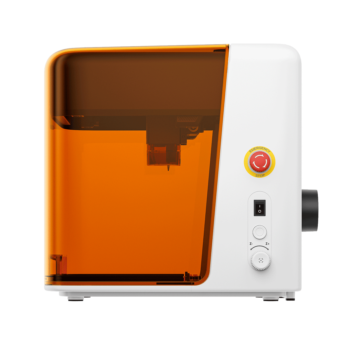 Falcon A1C enclosed laser engraver side view with emergency stop and control panel