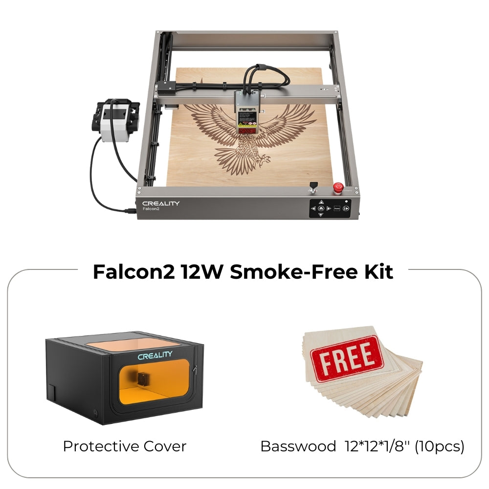 Image showing the Falcon2 12W Laser Engraver and Cutter Smoke-Free Kit. It includes the CrealityFalcon laser engraver machine with an eagle design on wood, a protective cover, and a free bundle of 10 pieces of basswood measuring 12" x 12" x 1/8".