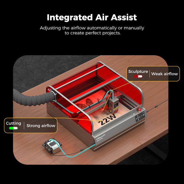 The Creality Falcon Falcon2 Pro 60W/40W/20W Enclosed Diode Laser Engraver with Class 1 Safety and a red cover sits on a wooden table, while airflow diagrams highlight its integrated, adjustable air assist for greater creative control.