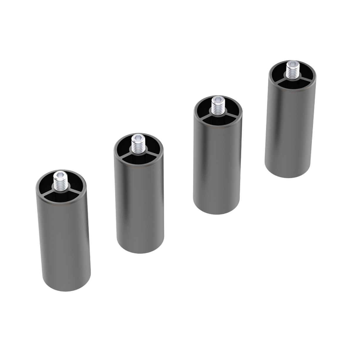 Five gray cylindrical objects with metal caps on a white background