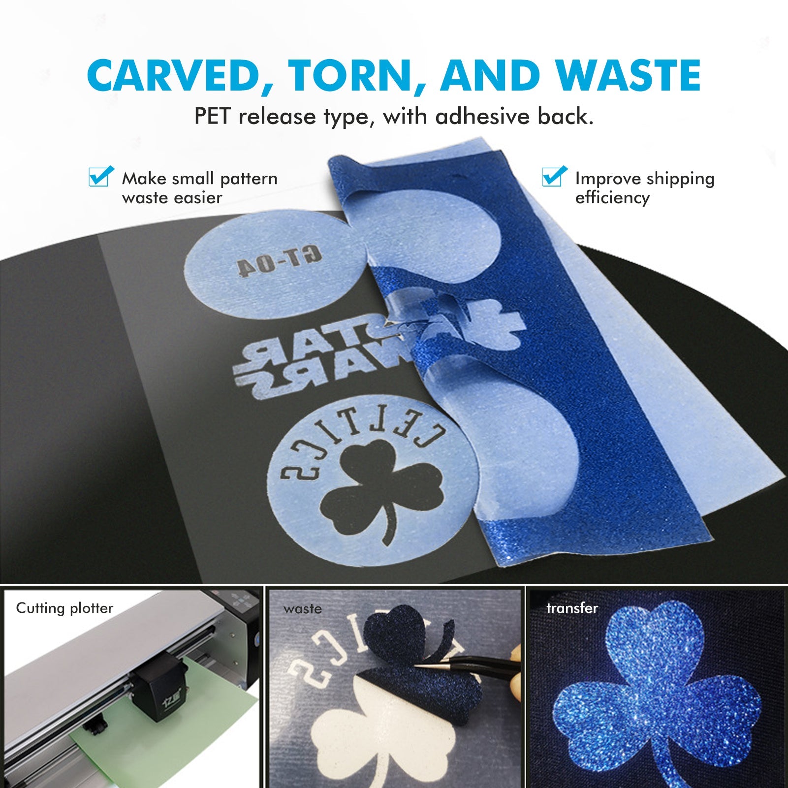 A graphic showcases CrealityFalcon's HTV Heat Transfer Vinyl for Laser Engraving - 10 PCS, an adhesive back material used in crafting for carving, tearing, and waste management. The image highlights laser engraving ideas by illustrating the application of patterns with cutting, waste removal, and transfer onto surfaces.