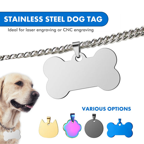 Advertisement for CrealityFalcon's Titanium Steel Pet Tags & Metal Charms, available in a set of 20. Shaped like a bone and attached to a chain, this tag is perfect for laser engraved gifts or CNC engraving. Various tag options are shown below, along with an image of a dog wearing a similar tag. Ideal for anyone using a laser engraver for metal. The text reads "TITANIUM STEEL PET TAG.