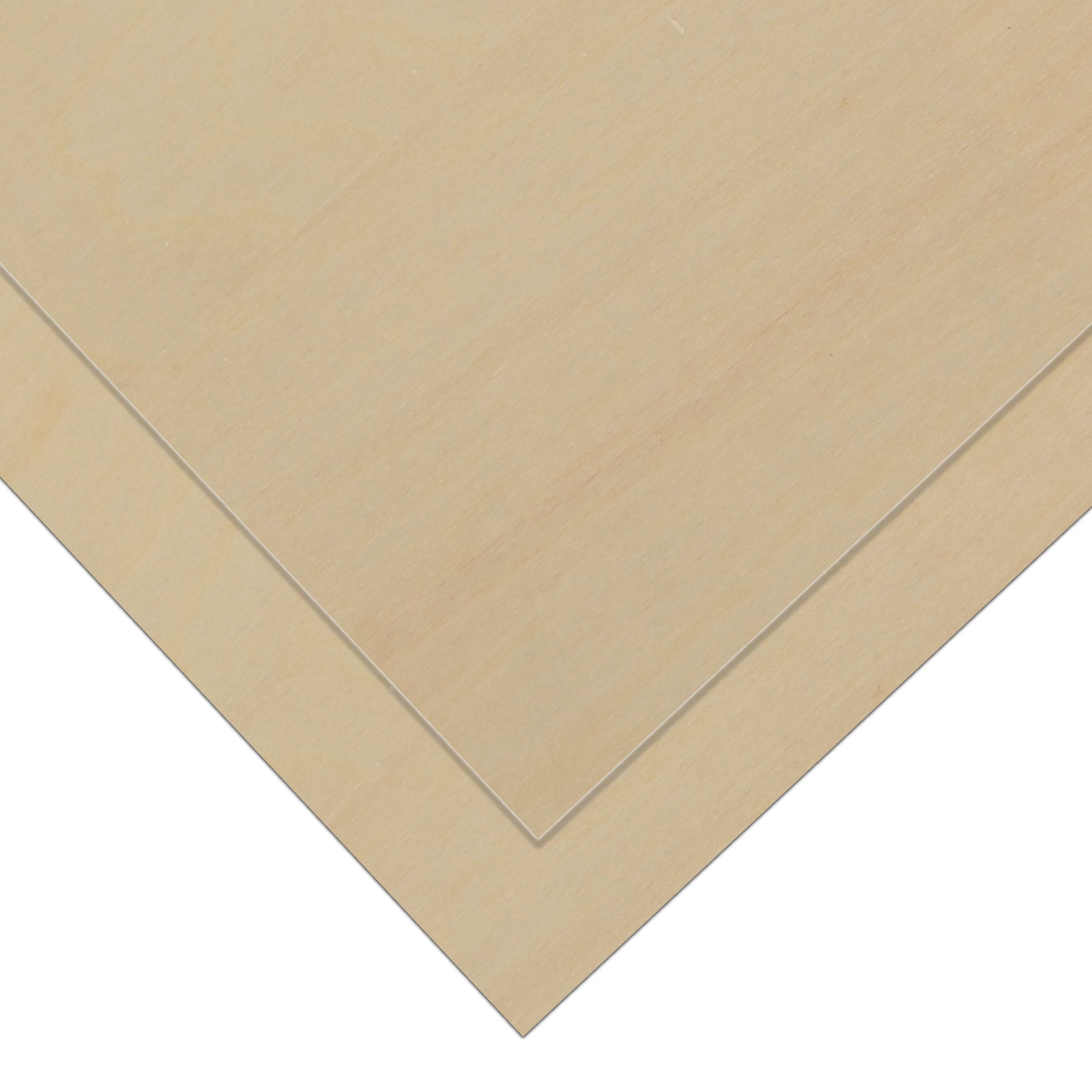 Close-up of two vertical CrealityFalcon Basswood Plywood Sheets, each measuring 8.27"x11.7"x1/8", standing on a white surface. The plywood has a smooth, unfinished surface with a visible wood grain pattern, ideal for laser engraving and woodworking projects.