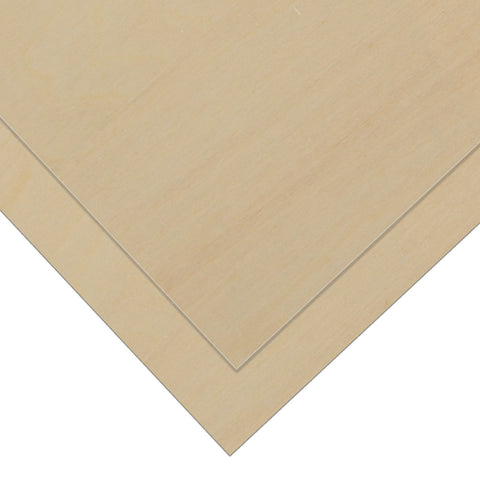 Close-up of two vertical CrealityFalcon Basswood Plywood Sheets, each measuring 8.27"x11.7"x1/8", standing on a white surface. The plywood has a smooth, unfinished surface with a visible wood grain pattern, ideal for laser engraving and woodworking projects.